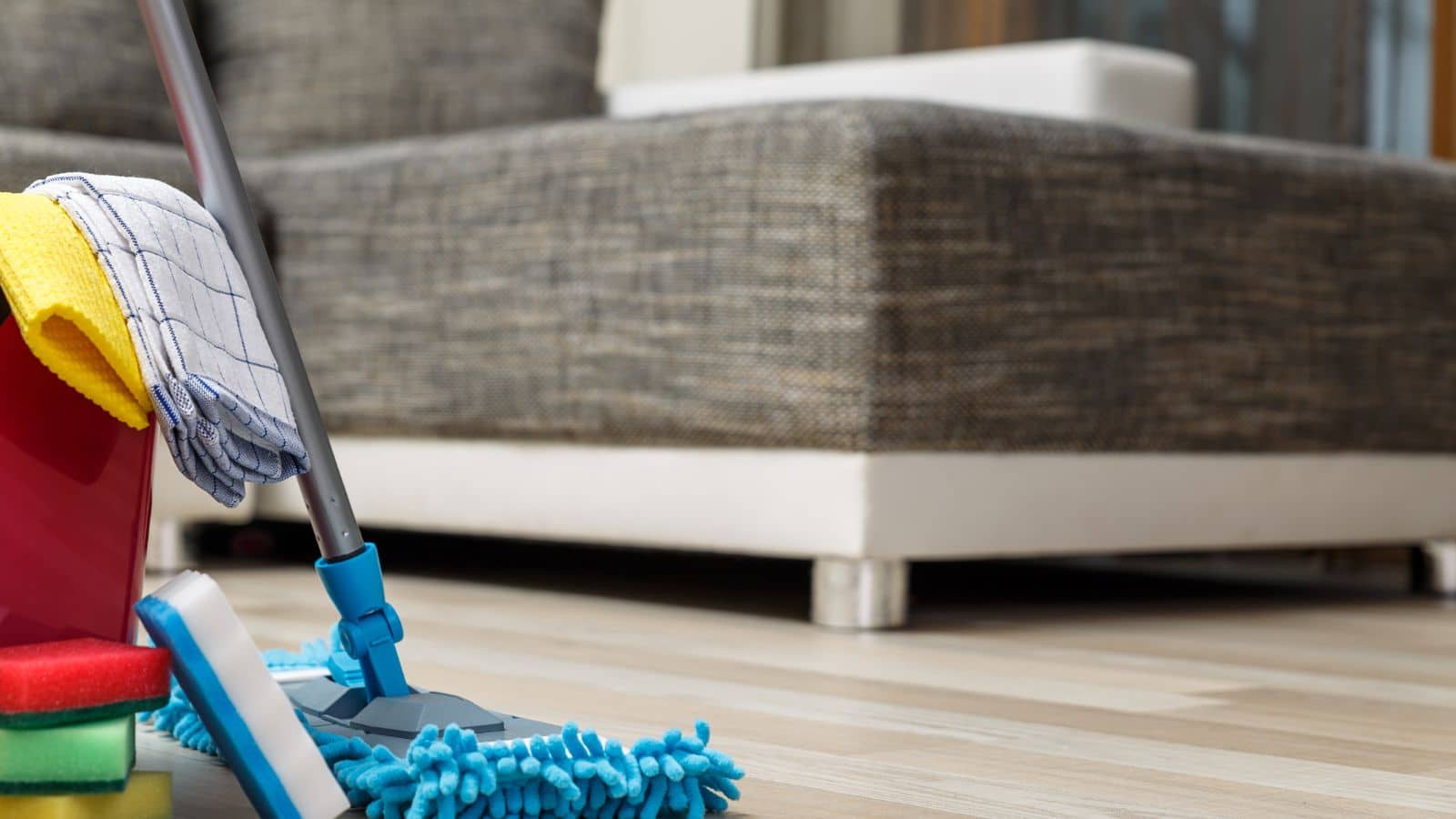 Bucket of cleaning supplies and dust mop on a living room floor