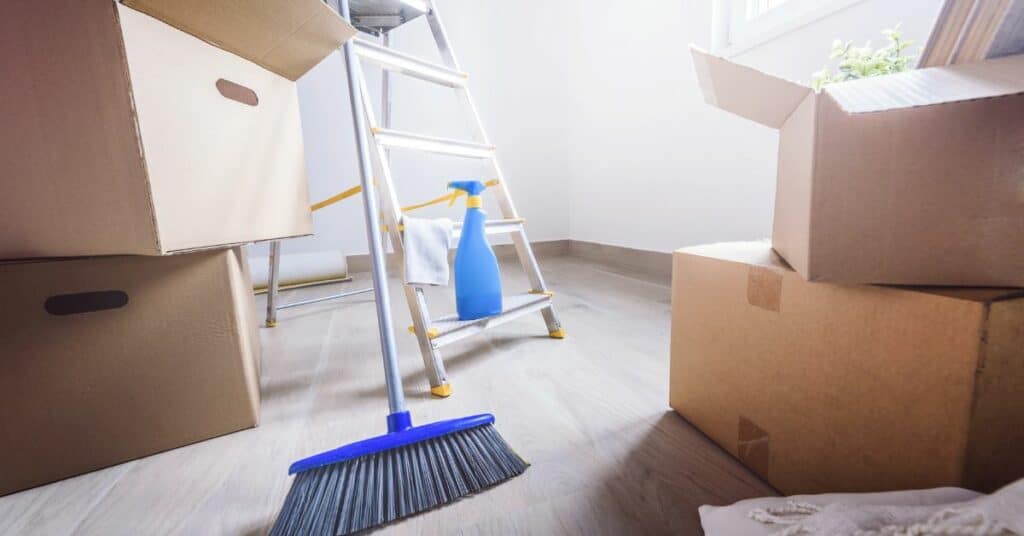 Moving boxes and cleaning supplies
