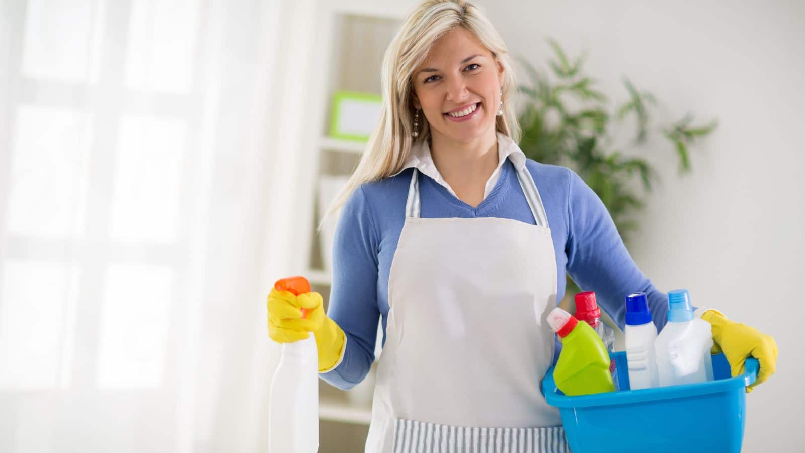 woman holding a basket of cleaning supplies