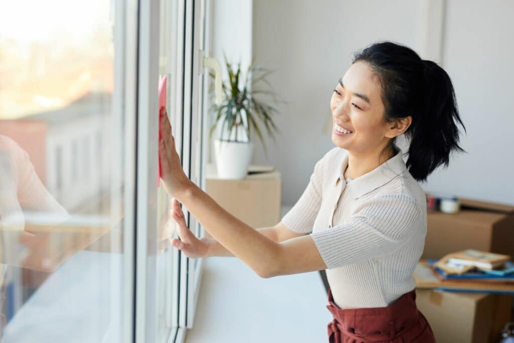 young woman in white shirt cleaning a bright window