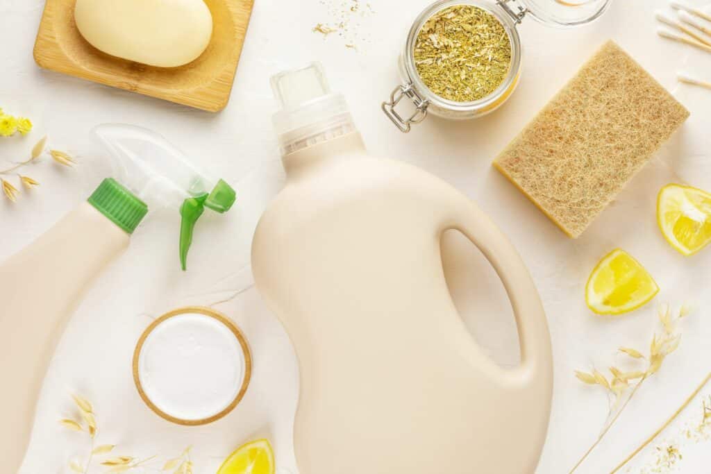 containers laying on a white table surrounded by natural ingredients such as lemon, herbs, and soap in order to make natural cleaning products