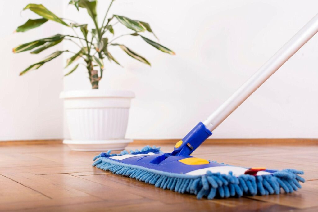 a person cleans a hardwood floor with a mop