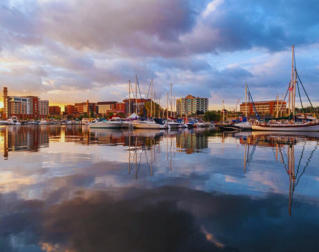 Downtown cityscape on the lake in the morning, Erie, CO