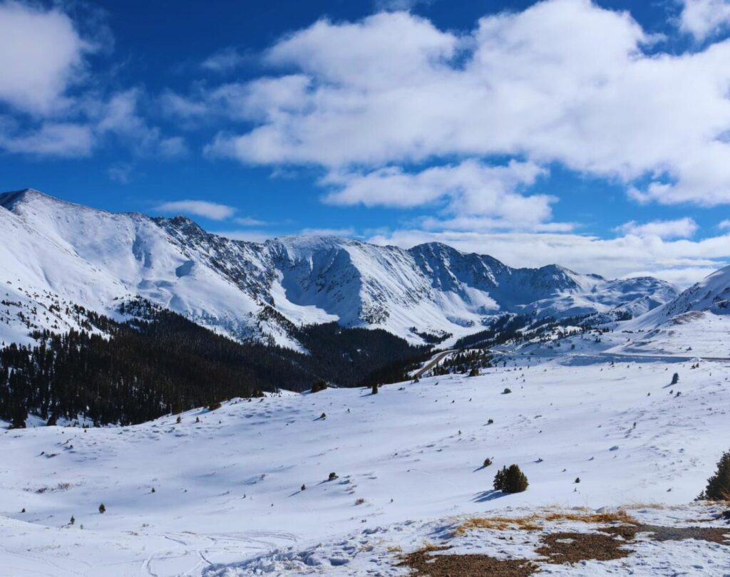 The snow-covered peaks of Loveland Pass in central, Loveland, CO